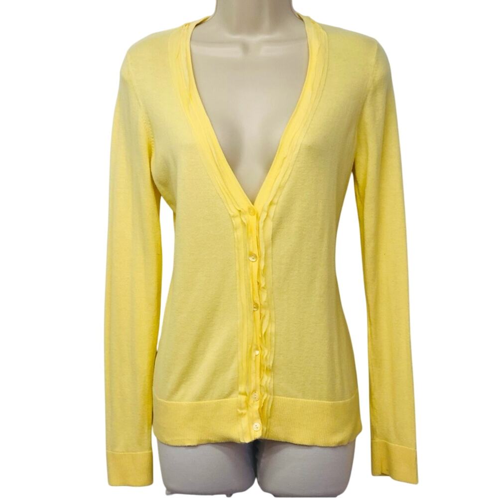 Ann Taylor Loft Light Yellow Lightweight Cardigan Stylish Ruffled V Neckline - Picture 7 of 16